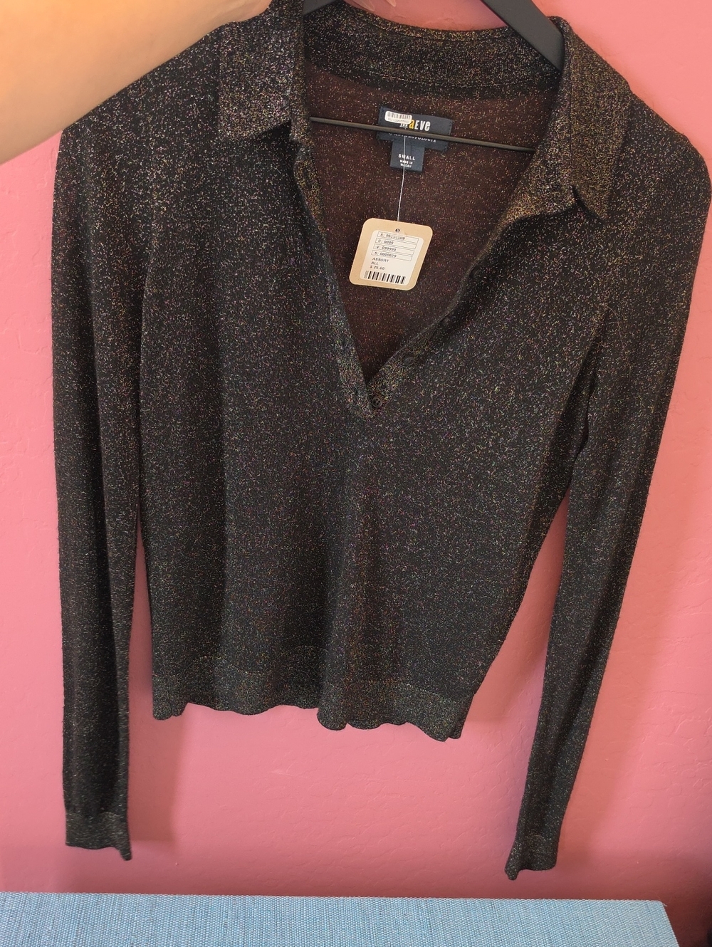 Anthropologie Black Multicolor Sparkle Long-Sleeve Polo Top